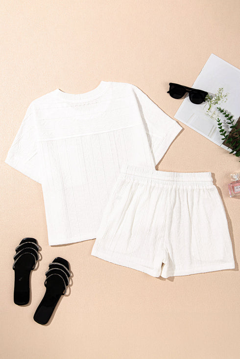 Textured Patched Pocket Short Sleeve Top Drawstring Shorts Set